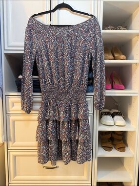 Michael Kors  blue off the shoulder Floral Smocked Tiered Long-Sleeve Dress